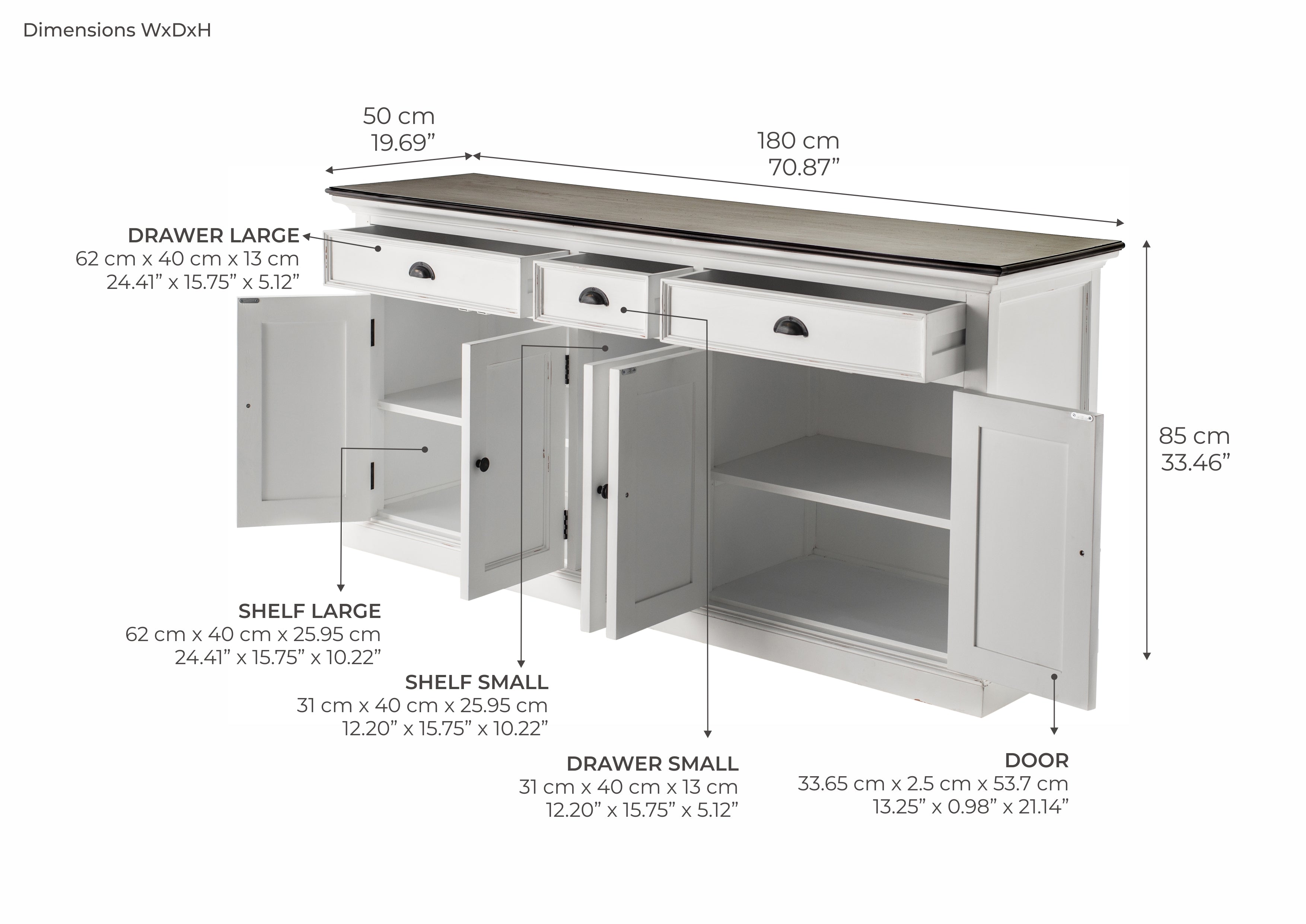 Buffet with 3 Drawers and 5 Doors - White Distress & Deep Brown